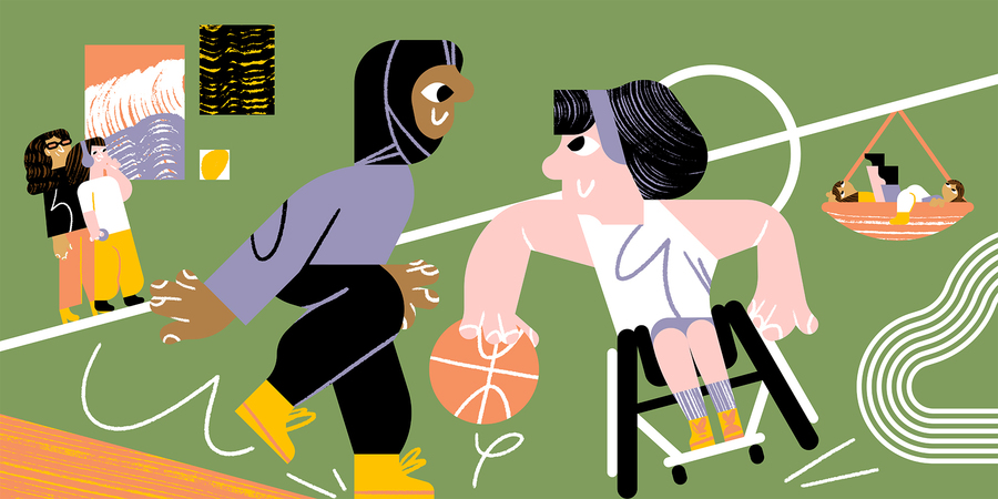 Illustratie van een persoon met koptelefoon die schilderij bekijkt, twee personen zijn aan het basketballen waarvan één iemand in een sportrolstoel zit. Twee kinderen spelen in een hangschommel. Illustratie van een persoon met koptelefoon die schilderij bekijkt, twee personen zijn aan het basketballen waarvan één iemand in een sportrolstoel zit. Twee kinderen spelen in een hangschommel.